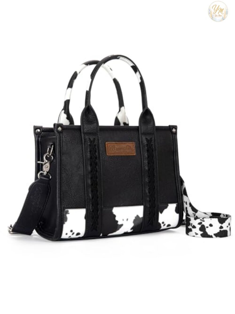 Faux Leather Cow Print Top Handle Tote Purse w/ Detachable Strap